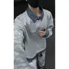 Moletom de gola listrada outonal com retalhos, marca masculina moderna, design falso de duas peças, blusa de manga comprida casual e versátil