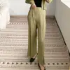 Pantalones Anchos Miyake para Mujer Verano Delgados Plisados para Mujer Cintura Alta Caída Divididos Sueltos Versátiles Cintura Elástica Pantalones Largos