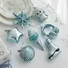 Enfeites Pendentes Azuis de Plástico Transfronteiriços com Glitter, Decorações de Janela para Árvore de Natal, Estrelas de Cinco Pontas, Flocos de Neve, Decorações de Desenho Animado para Montagem de Cena