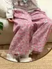 Calça de algodão tramado floral vintage multicolorida de perna larga para mulheres, solta e respirável, adequada para usar em casa e como calça de dormir