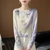 Blusa Feminina com Estampa Gradiente de Primavera de Manga Longa, Top Tricot Fino Redondo em Lyocell Tencel, Camisa Solta Color Block