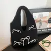 Bolsa de Ombro Estilo Ballet com Lã, Laço de Pérolas e Bolsa de Tricô para Mulheres, Bolsa Versátil para Outono e Inverno