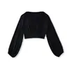 Ropa de Mujer Transfronteriza al por Mayor Otoño Nuevo Estilo Europeo y Americano Cuello Redondo Plisado Color Sólido Casual Top Corto de Manga Larga