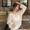 2026 Cárdigan de Punto Sexy con Espalda Descubierta y Calados para Mujer Versátil Estilo Holgado Moda Chic Manga Larga Delgado Superior Blanco