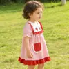 Ropa de Verano para Bebé Niña Vestido de Encaje Bordado de Fresas con Mangas Cortas Abullonadas Vestido de Princesa Rayado Rosa y Blanco Dulce en Stock