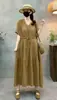 Vestido Largo de Verano Nuevo Estilo Retro de Manga Corta con Cuello en V, Holgado y Versátil, Talla Grande de Doble Capa de Gasa de Algodón, Corte A, Venta al por Mayor