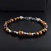 Pulseira Cruzada Europeia e Americana de Pedra Olho de Tigre e Ágata Preta para Homens e Mulheres, Estilo Casal, Fecho Ajustável de Aço Inoxidável, Joia de Cristal Natural