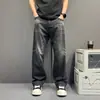 Calça Jeans Lavada Preta e Cinza Estilo Retro Americano Masculina Outono Vibe Style Solta Micro Flare Comprimento Total Tendência Desgastada