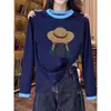 Camiseta de manga larga a la moda y tendencia estilo coreano con colores contrastantes en el cuello y los puños, top casual versátil para mujer, Otoño 2026