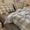 Juego de Ropa de Cama de Cuatro Piezas Estilo Japonés Gris-Marrón Cuadros Grandes Algodón Lavado Colores Contrastantes Agradable al Tacto Suave Estilo Muji Dormitorio Estudiantil Ropa de Cama para Todas las Estaciones