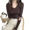 Camiseta de Tricô de Manga Longa com Gola V Decotada Expondo a Clavícula, Slim Fit, Base, Suéter Emagrecedor para Mulheres