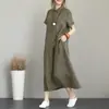 Nuevo Vestido Casual para Mujer de Algodón y Lino de Color Sólido Japonés, Cuello Camisero, Manga Corta, Bolsillo Holgado, Transfronterizo