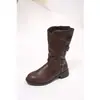 Botas de Media Pantorrilla con Doble Hebilla Estilo Retro Europeo y Americano para Mujer Tacón Grueso Suela Plana Botas de Jinete Punta Redonda Cremallera Lateral Botas Largas Estilo Motociclista