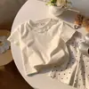 Camiseta feminina de manga curta com gola de boneca em renda, novo estilo de verão, rosa, doce, casual, fashion, versátil, top moderno