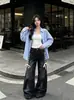 Pantalones de pierna ancha curvados de patchwork decorativo con cordón subcultural deconstruidos, nuevo estilo de otoño, jeans sueltos casuales con líneas divisorias