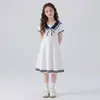 Vestido de Verano para Niña, Vestido Azul Marino con Cuello de Estilo Universitario para Niña, Vestido Blanco de Moda Estilo Princesa para Verano de Niña