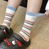 Calcetines de Rayas y Bloques de Color de Longitud Media para Mujer, Estilo Ins de Otoño Temprano, Etiqueta de Tela con Letras, Empalmados, Falsos de Dos Piezas, Estilo Holgado