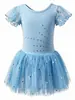 Vestido de Ballet para Niñas, Vestido de Danza con Estrellas Bordadas y Mangas Cortas, Mangas de Malla con Volantes, Vestido de Práctica, Vestido Tutú de Presentación