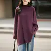 Suéter feminino 100% lã pura, gola redonda meia-alta, cor sólida, estilo descontraído, design de capa oversized, nova coleção outono/inverno, top de caimento solto