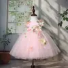 Vestido Infantil com Flores para Menina de Um Ano, Daminha de Casamento, Saia de Tule Bufante com Aplique 3D, Vestido Princesa Estilo Lolita para Meninas