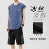 Playera sin mangas de 2 piezas de seda de hielo para hombre, verano, holgada, transpirable, de malla, secado rápido, chaleco, pantalones deportivos
