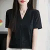 Camiseta de punto de manga corta de lyocell Tencel con cuello en V, estilo chino jacquard de verano, suelta, fina, para usar debajo
