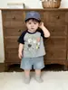 Conjunto Fresco de Verano para Niños y Niñas, Bebés y Niños Pequeños, Estampado de Bloques de Color Dibujos Animados Manga Corta Versátil Moda Jeans y Pantalones Casuales
