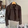 Chaqueta de cuero retorcido, nueva chaqueta de cuero genuino estilo otoño para mujer, estilo corto para figuras petite, chaqueta de cuero de piel de oveja con cera de aceite de capa superior