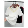 92% Algodão 8% Elastano Verão Novo Gola V Manga Curta Camiseta de Algodão Modelagem Justa Versátil Renda com Miçangas Moda Tendência Top