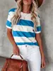 Nova Camiseta Casual de Verão com Listras Estampadas e Gola Redonda de Manga Curta, Moda Transfronteiriça Europeia e Americana para Mulheres