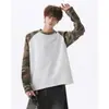 Camiseta de manga larga informal con diseño de camuflaje, estampado de leopardo retro americano de moda, patchwork de colores contrastantes para hombre, top de corte holgado