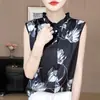 Nova moda de verão, camisa sem mangas estampada estilo chinês para mulheres com gola de renda, colete versátil de puxar, top básico solto e elegante
