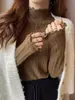 Camisa Base Texturizada com Babados para Mulheres, Suéter de Tricô com Gola Meio-Alta para Camadas de Outono e Inverno, Top Macio