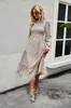 Vestido feminino outono e inverno 2022 gola U estampado cintura alta manga longa elegante para trabalho lazer férias saia de comprimento médio