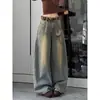 Jeans de Pierna Ancha Teñidos de Amarillo Sucio Estilo Retro Americano para Mujer, Nuevo Estilo Verano 2026, Pantalones Sueltos Caídos de Largo hasta el Suelo