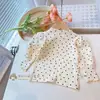 Camiseta básica de primavera y otoño para niñas, estilo coreano, con volantes y mangas abullonadas