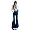 Calça jeans feminina levemente flare, novo estilo outono 2026, azul retrô, super popular, que cobre o quadril, elástica, calça flare que afina