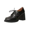 Sapatos de Couro Genuíno com Cadarço e Salto Grosso Estilo Britânico para Mulheres 2026 Primavera e Outono Novos Mocassins de Salto Alto Sapatos Pequenos de Couro Sapatos de Trabalho para Mulheres