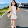 Conjunto de Chaleco de Punto Calado y Shorts de Verano para Niñas, Conjunto de Dos Piezas Festivo con Top sin Mangas y Pantalones Anchos hasta la Rodilla para Niños Mayores