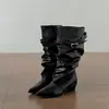 Botas largas de tacón grueso para mujer estilo coreano, nuevas botas versátiles adelgazantes de otoño 2026 que combinan bien con faldas, botas vaqueras versátiles vintage