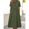 Vestido Novo 2025 Europeu e Americano Aliexpress Estação Independente Casual Decoração de Botão Bolso Plissado Vestido de Comprimento Médio