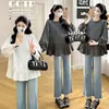 Ropa de maternidad para otoño, nuevo estilo moderno y casual, camiseta top de manga larga talla grande con retazos, versión coreana versátil camisa babydoll de maternidad