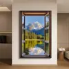 Pintura Decorativa Moderna Simples de Janela Falsa com Paisagem Marinha Pintura de Chão para Parede de Fundo de Sofá Extensão de Espaço Pintura para Pendurar no Quarto