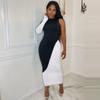 9009DD Vestido Feminino Transfronteiriço Europeu e Americano Nazada Primavera e Verão Novo Cor Contrastante Slim Fit Manga Longa de Um Lado Vestido Longo