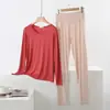 Conjunto de Ropa de Casa Modal de Cuello Redondo para Primavera y Otoño, Delgado, Tallas Grandes, Holgado, Casual, Manga Larga, Cintura Alta, Conjunto de Dos Piezas