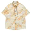 Camisa Floral Amarilla Cálida con Degradado, Manga Corta, con Cinta a Juego Estampada y Colgante de Cuenta de Madera, Corte Holgado, Hombro Caído, Camisa Moderna Unisex