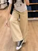 Calça de trabalho cáqui com perna larga e bainha cropped, feminina, 2026, nova, verão, espessada, folgada, estilo preguiçoso, esportiva, casual, nove pontos