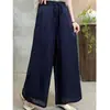 Pantalones Casuales Versátiles de Cintura Elástica con Lazo Adelgazantes de Algodón Lino Bordado Elegantes de Pierna Ancha Nuevos Pantalones de Verano para Mujer