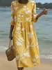 (Ajuste na cintura) Vestido Longo Casual Versátil Feminino com Estampa 3D Estilo Resort e Gola Redonda