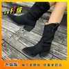 Botas de Tacón Grueso Marrón Retro con Corte en V hasta Media Pantorrilla para Mujer, Botas Vaqueras de Punta Aguda Otoño/Invierno 2026, Transfronterizas